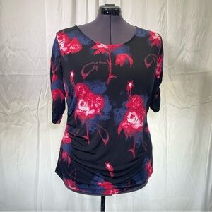 ALFANI Women's plus size 2X Black and Red Floral Rose Fitted Ruched Blouse
